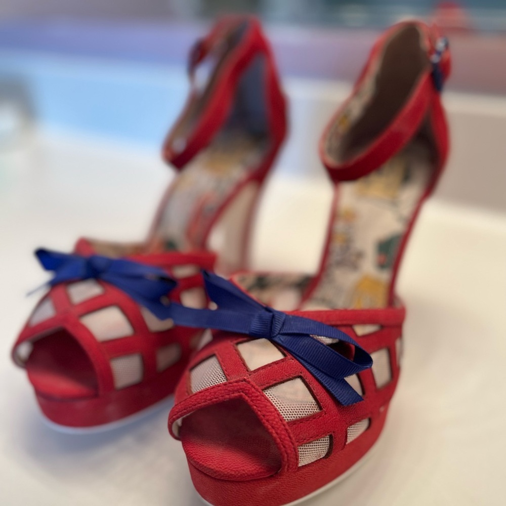 Miss L-Fire Red White and Blue peep toe heeled sandal. Size 41 or 9.5